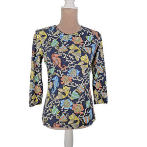 J. Mclaughlin Catalina Cloth Top Fish Diamonds Jewels Sz S Signature Tee